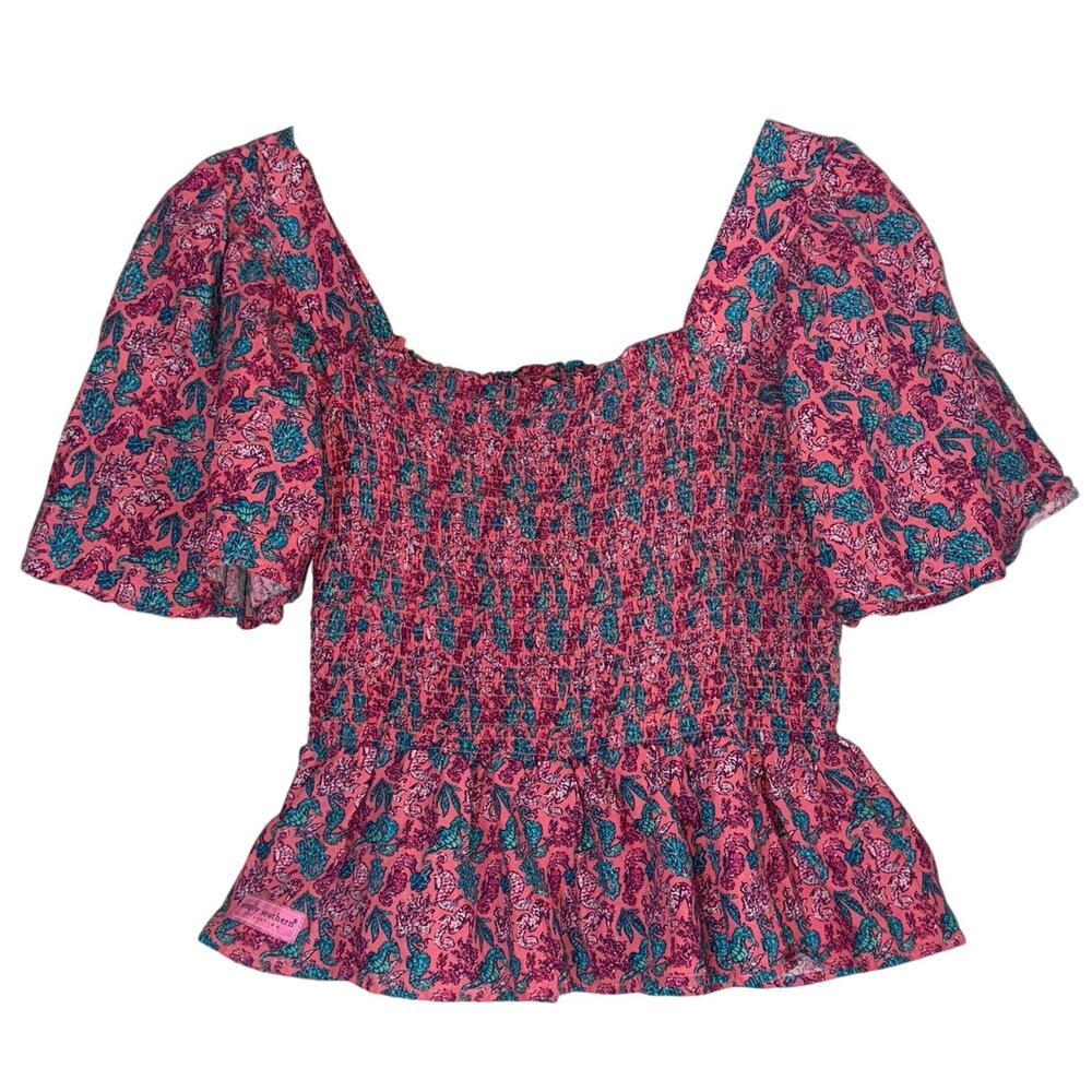 Simply Southern Pink Smocked Seahorse Crop Top Womens Small Puff Sleeves Shirred